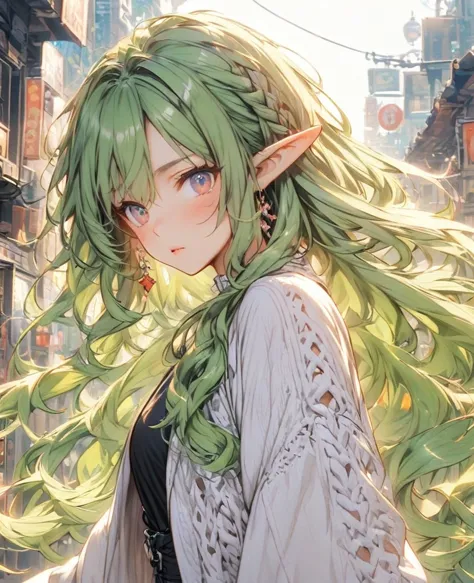 Green Hair　Long Hair　Elf　sweater　