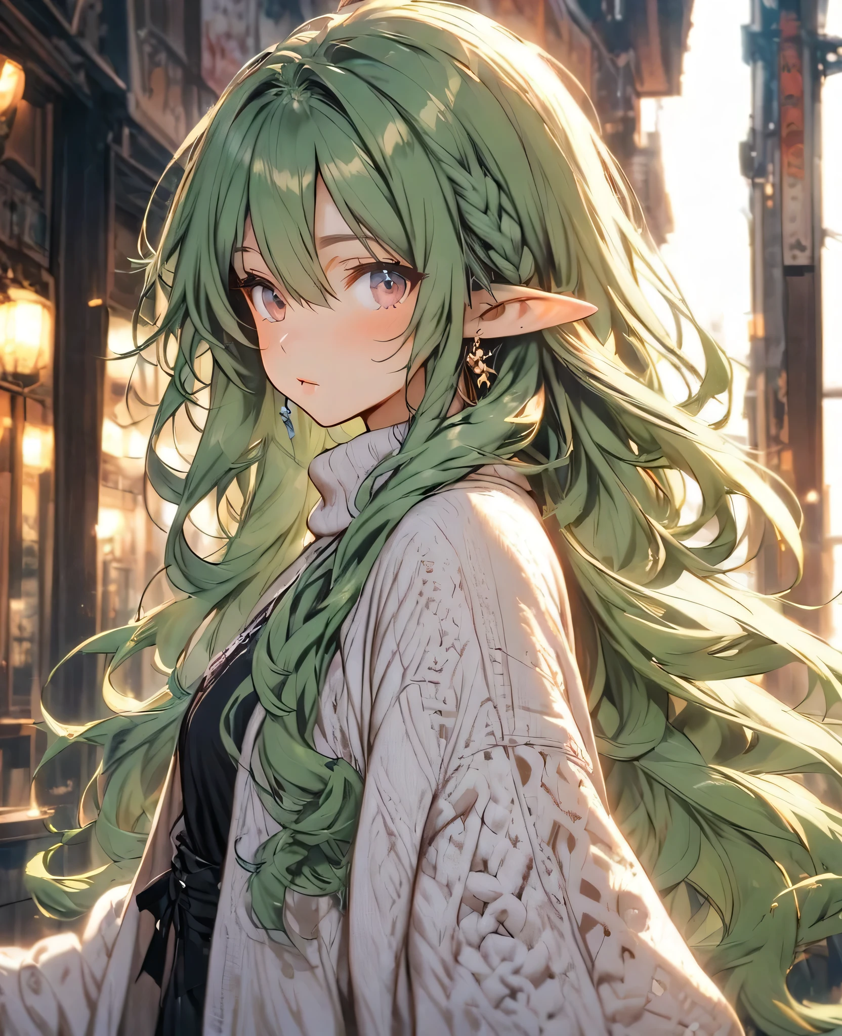 Green Hair　Long Hair　Elf　sweater　