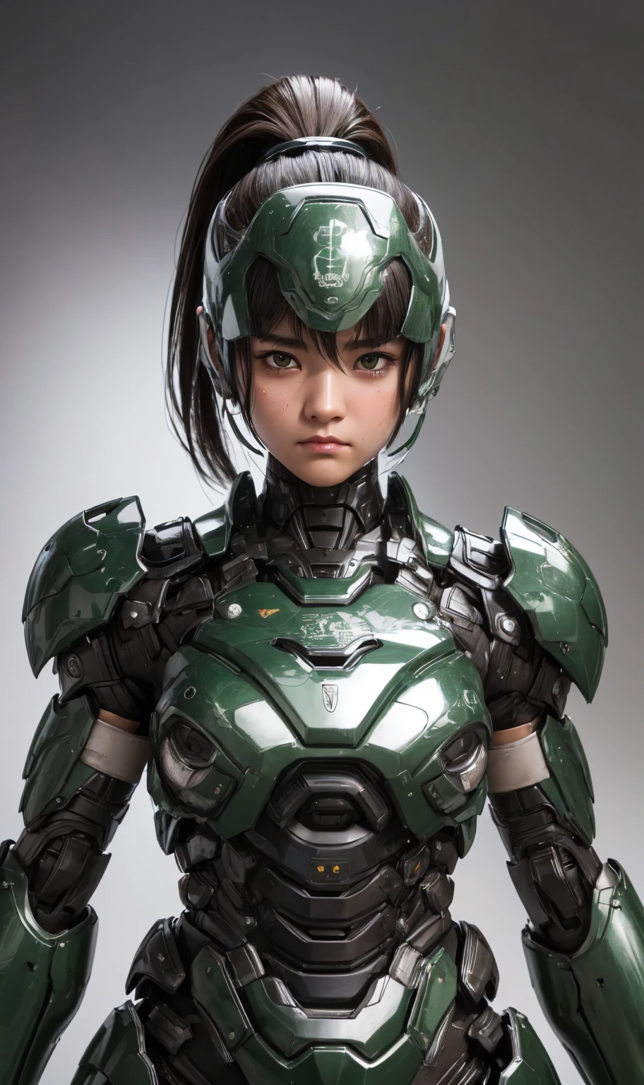 Textured skin, Super detailed, Attention to detail, high quality, 最high quality, High resolution, 1080P, hard disk, beautiful,(War Machine),Beautiful cyborg woman,Dark Green Mecha Cyborg Girl,battle,Girl with a mechanical body,、Plain junior high school girl　ponytail、Sweaty brown eyes、Sweaty face、Expressions of distress　Blushing　cute　Black-haired　((Steam coming out of the head)) (Steam coming out of the whole body) Cool pose