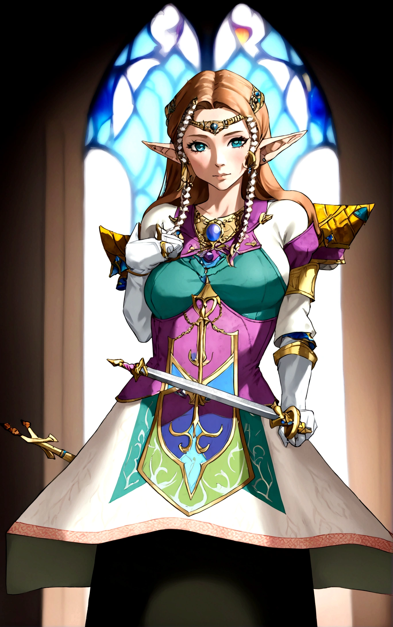 Cate Blanchett (age 25, elf ears, Twilight princess Zelda costume), heroic pose, lavish room with stained glass
