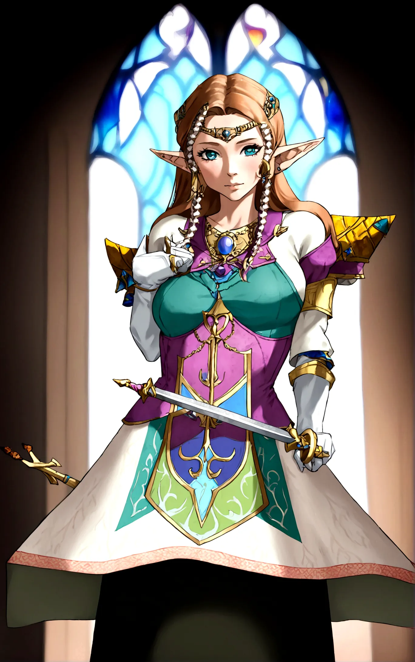 cate blanchett (age 25, elf ears, twilight princess zelda costume), heroic pose, lavish room with stained glass