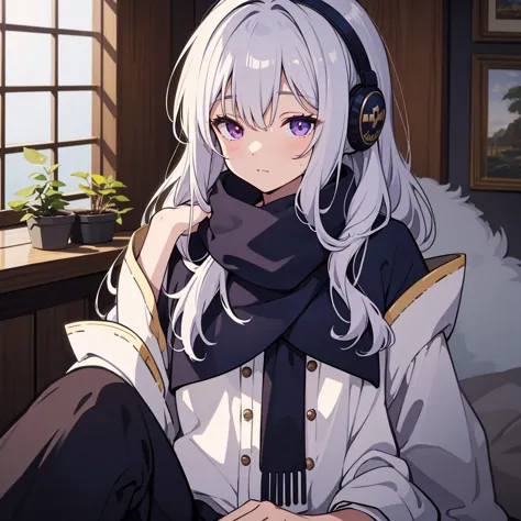 One male with heterochromia(Navy and purple eyes), Silver-white hair, Wearing a white shirt, Black cardigan draped over the shou...