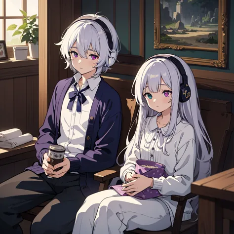 One male with heterochromia(Navy and purple eyes), Silvery white hair, Wearing a white shirt, Black cardigan, pants, Earmuffs, S...