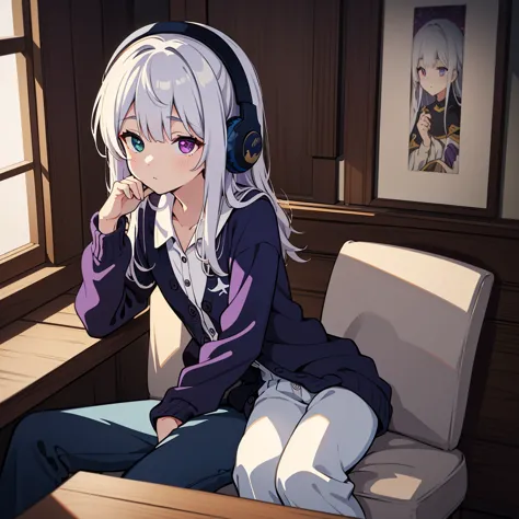 One male with heterochromia(Navy and purple eyes), Silvery white hair, Wearing a white shirt, Black cardigan, pants, Earmuffs, S...
