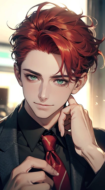 (Highest quality,4K,8K,High resolution,masterpiece:1.2),Super detailed,(Realistic,photoRealistic,photo-Realistic:1.37),1 person,31 years old,Mature Men,Beautiful skin、very handsome,Expressionless smile in love,Short gray red hair,green eyes,Sharp Eyes,A perfect face without a doubt,Businessman,Office Background,Cinema Lighting,HDR image,tie、