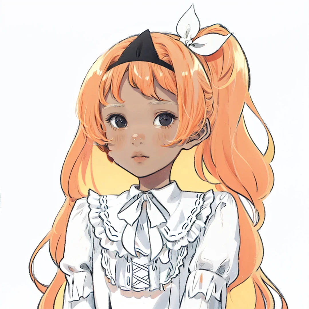 brown skin, gray eyes, orange hair, white long-sleeved blouse with frilly collars, white ribbons, black triangular headband