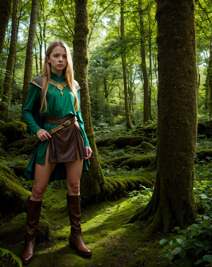 a young girl in a magical fantasy world, long blonde hair, striking blue eyes, beautiful detailed face, pointy ears, wearing a green tunic, brown leather boots, standing in a lush forest clearing with tall trees, sunlight filtering through the leaves, fantastical creatures in the background, beautiful detailed landscape, epic fantasy art, highly detailed, vibrant colors, dramatic lighting, cinematic composition