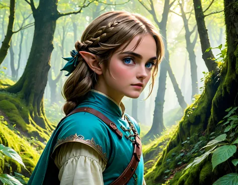 link dans un paysage fantastique, forêt détaillée avec un feuillage luxuriant, château épique au loin, beaux yeux détaillés, bel...