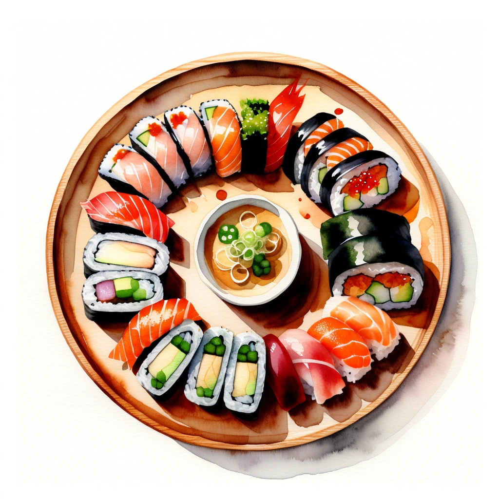 hay un plato de madera lleno de sushi fresco y delicioso, (acuarela), ilustración, aislado con fondo blanco sólido, rodeado de espacio negativo, composición centrada, 8K, pintura muy detallada, pintura muy precisa, aislado, Fondo blanco claro y brillante, ángulo de visión en perspectiva