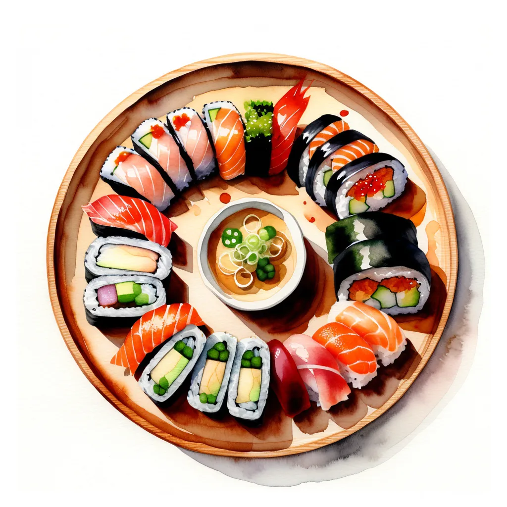 there is a wooden plate full of fresh and delicious sushi, (watercolor), illustration, isolated with solid white background, sur...