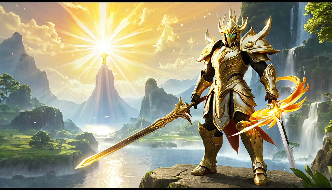 (masterpiece)(super quality), Eden's Guardian with flame-sword, golden rays background, marvelous atmosphere, glorious scenery