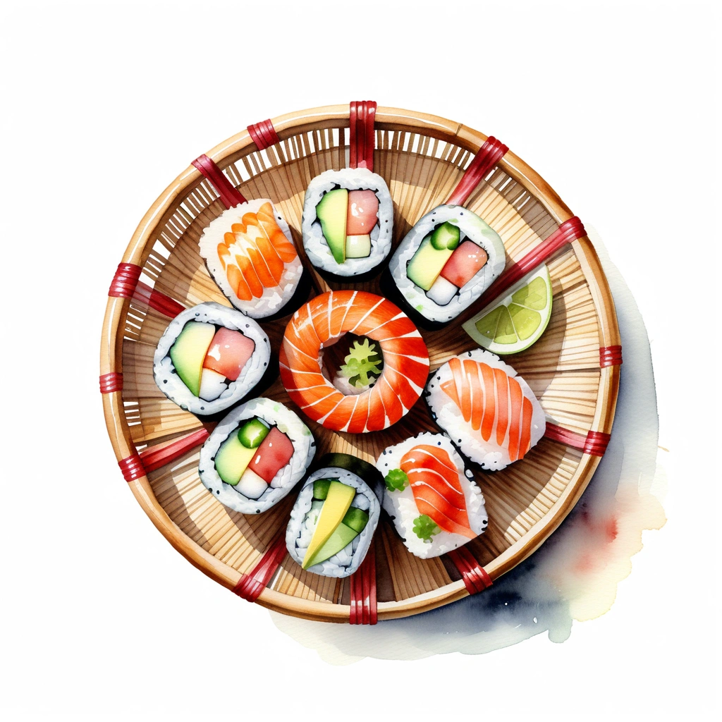 there is delicious sushi, served in a circular bamboo basket, (watercolor), illustration, isolated with solid white background, surrounded with negative space, centered compositon, 8k, highly detailed painting, very precise painting, Isolated, clear brilliant white background, perspective angle of view