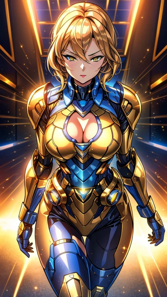 blue sci-fi armor，golden shorthair cat，Large Breasts，Cleavage，Pistol hanging from waist，fighter pilot，fighter hangar，Sexy，Lipstick，Miss，Golden Eyes，Arm equipped with laser cannon