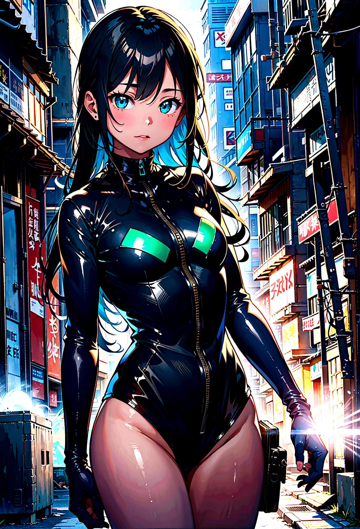 
Iridescent arm parts, rainbow colors, prisms,Low - Angle、 Emerald green eyes、Part of the clothing is see-through、Cinematic angles、optical fiber、Connected Cord、Illuminated parts See-through parts、Cyberpunk cityscape, young woman with long black hair wearing an emerald green powered exosuit, standing in a contemplative pose amidst the neon-lit ruins, textured digital art with muted tones and subtle ambient noise, detailed and intricate illustration, dystopian and gritty yet beautiful, a glimmer of hope in the decay,Fish Girl in Sci-fi translucent mechanical bikini ++,The bikini is see-through and sparkly