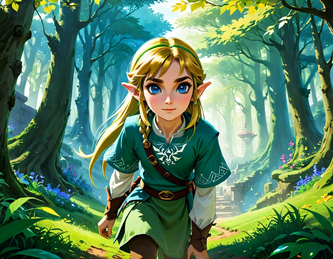 Link jouant au jeux vidéo Zelda dans un paysage fantastique, forêt détaillée avec un feuillage luxuriant, château épique au loin, beaux yeux détaillés, belles lèvres détaillées, Visage et caractéristiques extrêmement détaillés, long cils, tenue médiévale fantastique, Épée et bouclier, éclairage dramatique, composition cinématographique, couleurs vives, art numérique, style artistique conceptuel, (meilleure qualité,4K,8k,haute résolution,chef-d&#39;œuvre:1.2),Ultra-détaillé,(réaliste,photoréaliste,photo-réaliste:1.37)