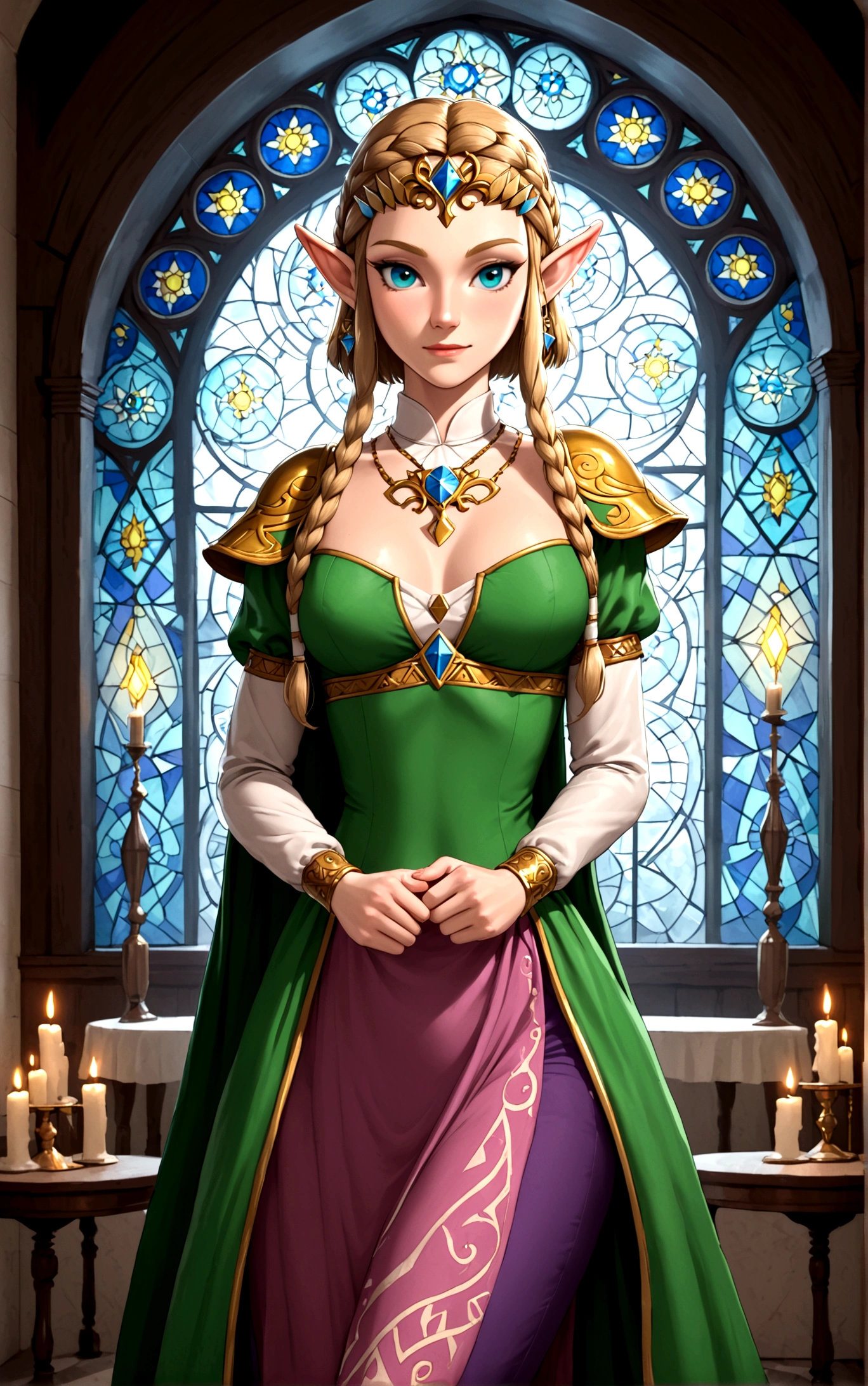 Cate Blanchett (age 25, elf ears, Twilight princess Zelda costume), heroic pose, lavish room with stained glass
