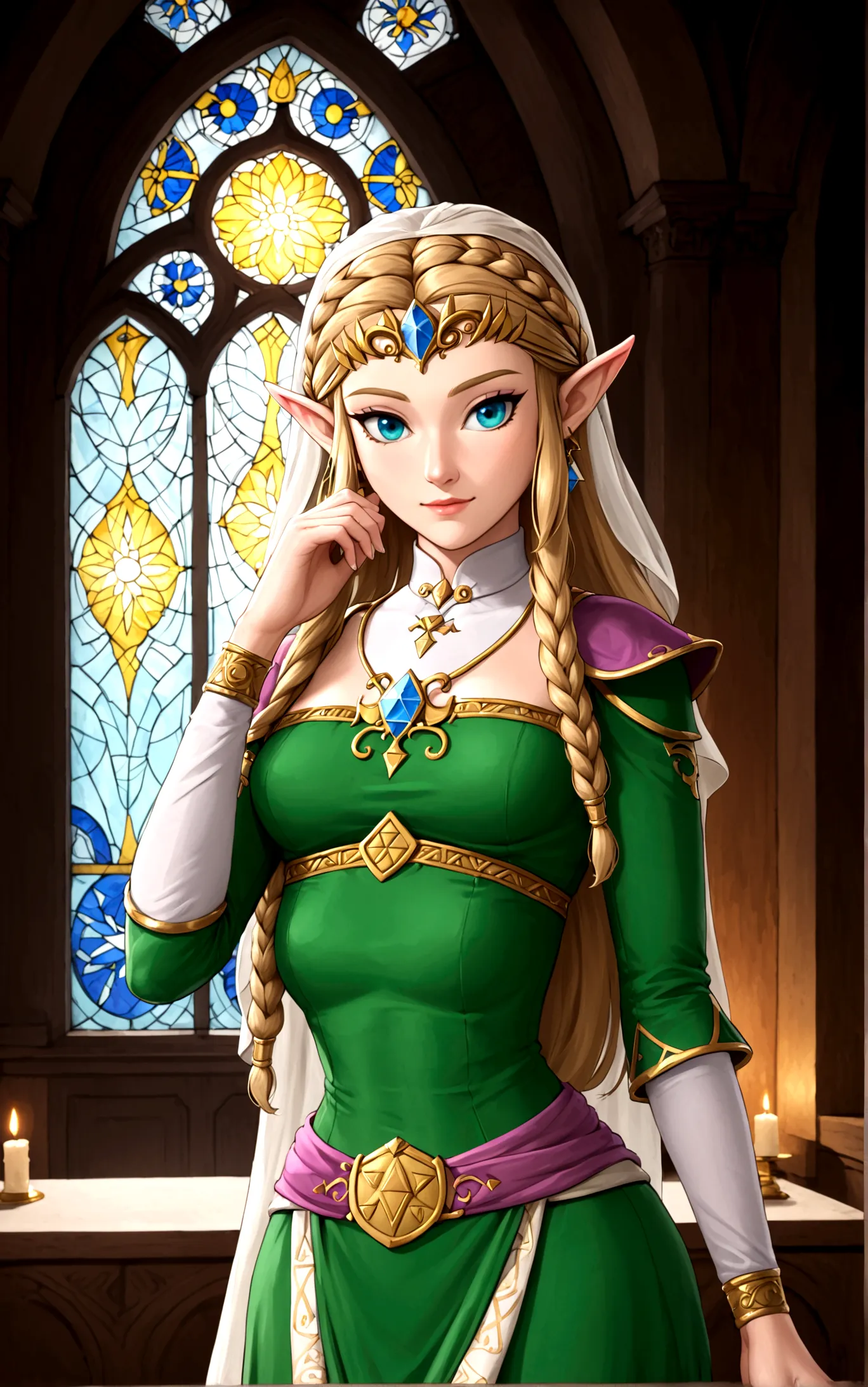 Cate Blanchett (age 25, elf ears, Twilight princess Zelda costume), heroic pose, lavish room with stained glass
