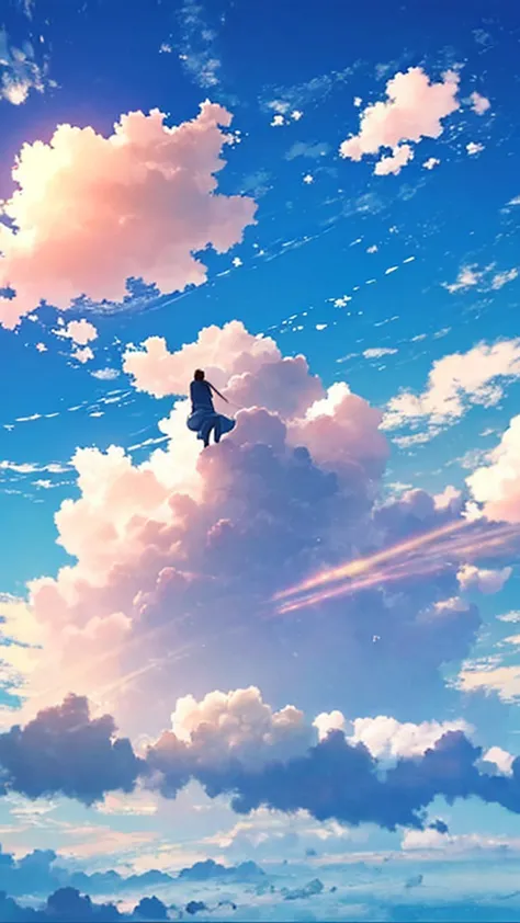 a single figure floats serenely in a vast, vivid blue sky filled with enormous, highly detailed cumulus clouds. the scene captur...