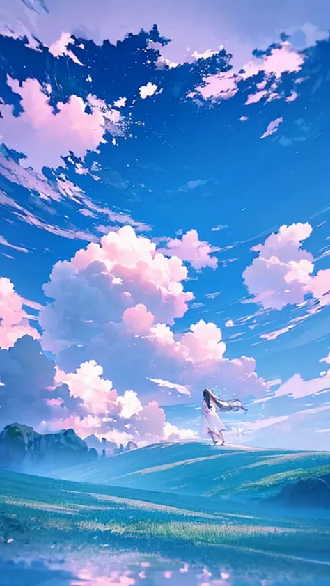 A single figure floats serenely in a vast, vivid blue sky filled with enormous, highly detailed cumulus clouds. The scene captur...