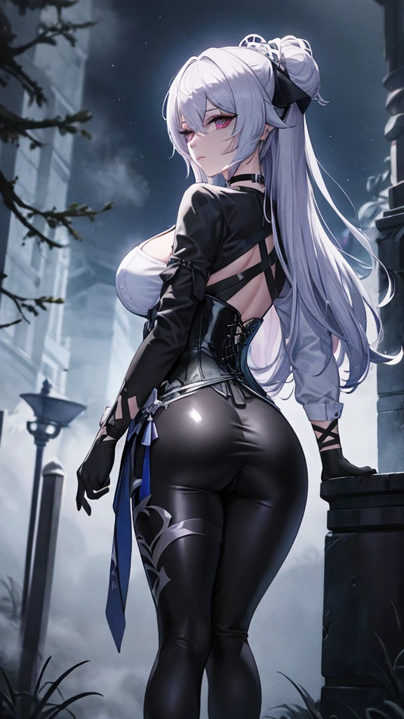 Masterpiece, Beautiful art, professional artist, 8k, art style by sciamano240, detailed body, Very detailed face, very detailed eyes, Detailed clothing, detailed fabric, Best Quality, better resolution, 1 girl, bronya zaychik \(Honkai Impact 3rd\), view from behind, perfect ass, standing, big breasts, serious expression,  At night , long silver hair, choker:1.6, (white long sleeve button down shirt with white collar), (shiny black corset), black gloves that cover your hands, holding a gun in hand, (shiny black leggings), looking at the viewer, dark forest, Atmosphere, fog, At night