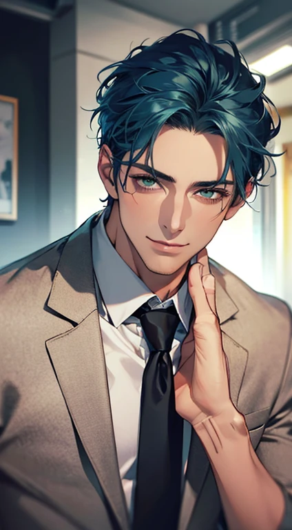 (Highest quality,4K,8K,High resolution,masterpiece:1.2),Super detailed,(Realistic,photoRealistic,photo-Realistic:1.37),1 personld,Mature Men,Beautiful skin、very handsome,Expressionless smile in love,Short blue hair,green eyes,Sharp Eyes,A perfect face without a doubt,Businessman, CEO, Office Background,Cinema Lighting,HDR image,tie、