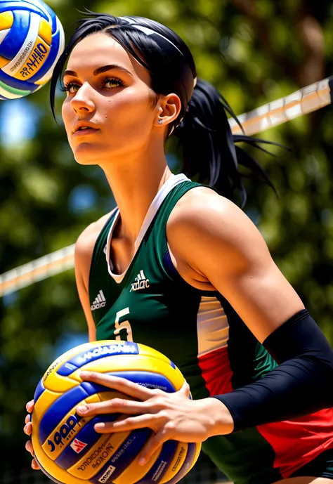 Arafed female volleyball player in a blue and yellow uniform - SeaArt AI