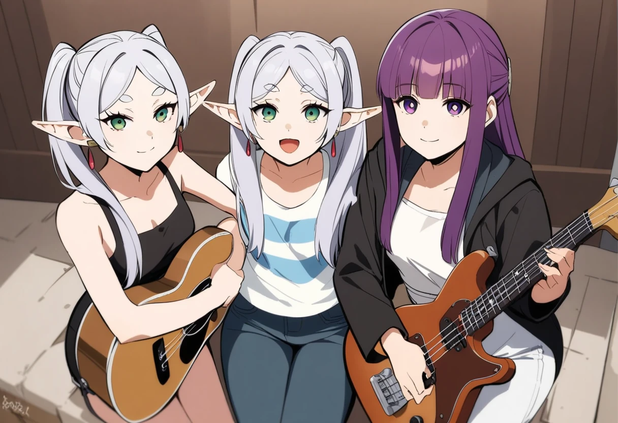 masterpiece,best quality,1boy, 2girls, fern \(sousou no frieren\), frieren, stark \(sousou no frieren\), feet out of frame, holding bass and guitar, looking at viewer, smile, closed mouth, open mouth, black jacket, tanktop,frayed denim,sunglasses,earrings,highres, invisible chair, sousou no frieren, suitcase