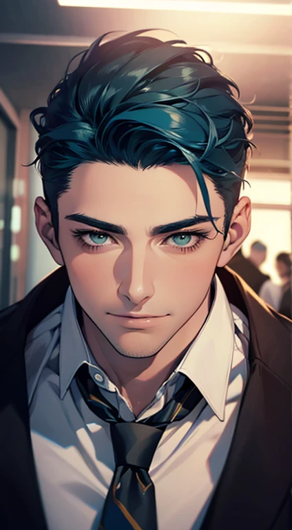 (Highest quality,4K,8K,High resolution,masterpiece:1.2),Super detailed,(Realistic,photoRealistic,photo-Realistic:1.37),1 person,34 years old,Mature Men,Beautiful skin、very handsome,Expressionless smile in love,Short blue hair,green eyes,Sharp Eyes,A perfect face without a doubt,Businessman, CEO, Office Background,Cinema Lighting,HDR image,tie、