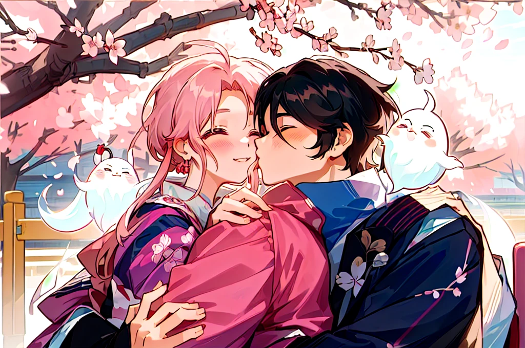 Cartoon couple in traditional costumes hugging under cherry blossom tree, Sasura, Cherry Blossom Season, Sakura Haruno, Nixon and Sakimchan, Kiss cutely, Goto Koharu, Anime Cover, Ghost Festival, Pixif, Cute couple, Official Fanart, Japan, Happy!!!, trending on Pixif