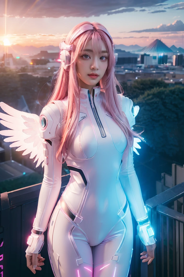 ((masterpiece, best quality, extremely detailed), volumetric lighting, ambient occlusion, colorful, glowing), 
1girl, solo, young girl, (pink hair), long hair, halo, aura, sacred, godness, cyber suit, (white outfit:1.3), android, bot, angel wings,
outdoors, sunset, sky, clouds, space, (cyberpunk theme:1.2),