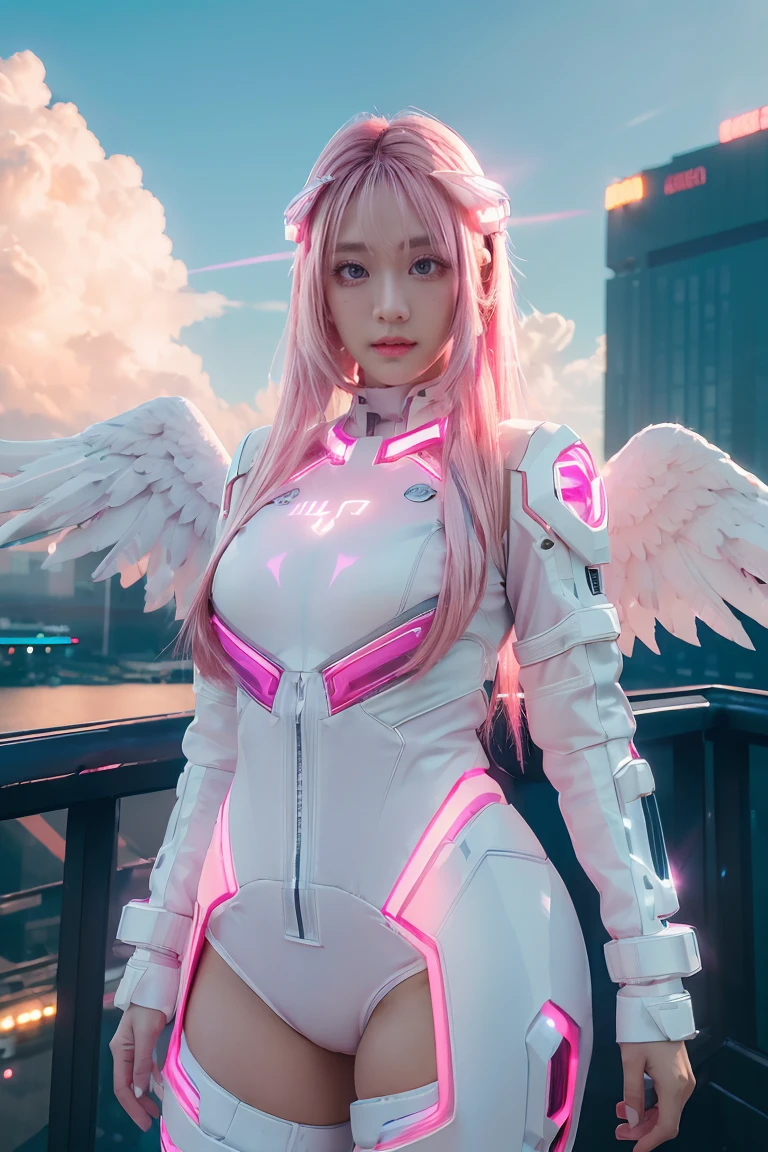 ((masterpiece, best quality, extremely detailed), volumetric lighting, ambient occlusion, colorful, glowing), 
1girl, solo, young girl, (pink hair), long hair, halo, aura, sacred, godness, cyber suit, (white outfit:1.3), android, bot, angel wings,
outdoors, sunset, sky, clouds, space, (cyberpunk theme:1.2),