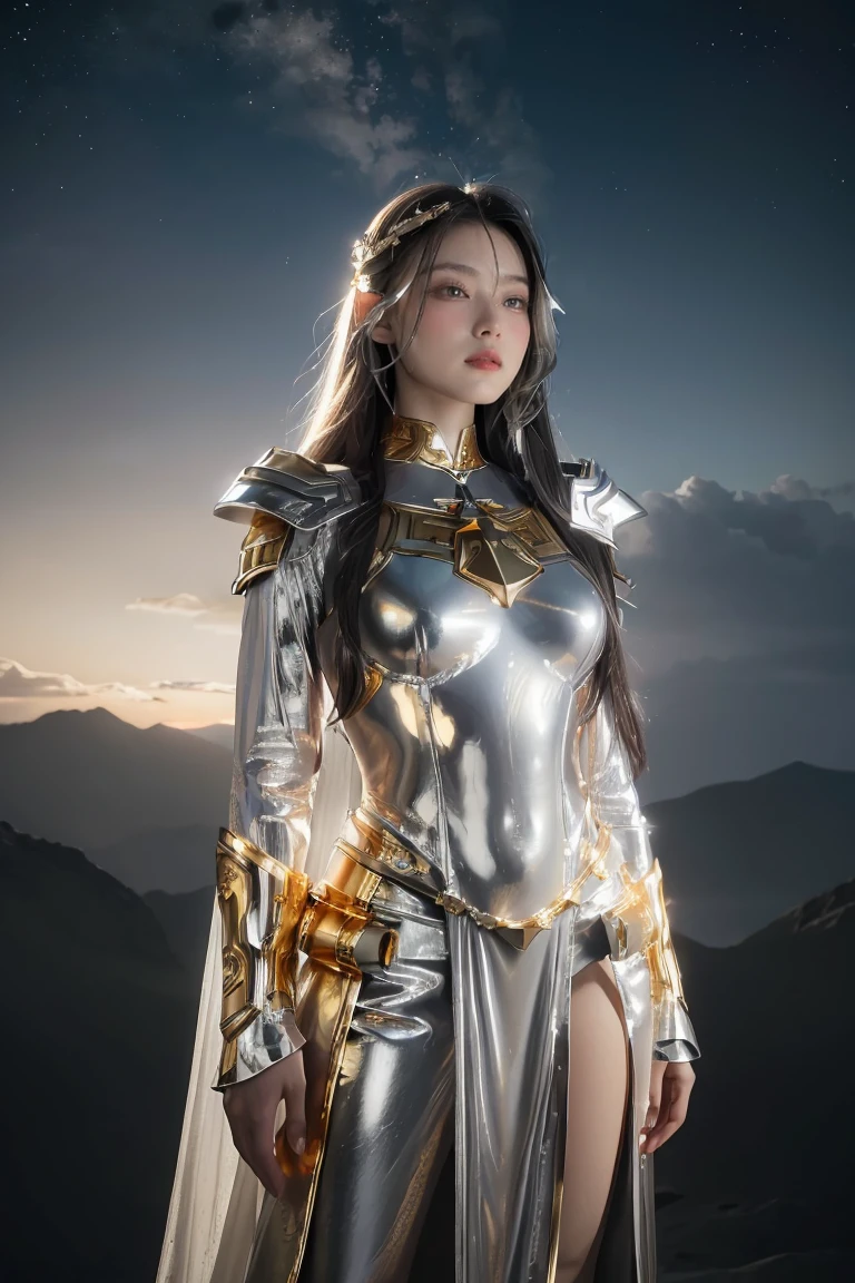 ((masterpiece, best quality, extremely detailed), volumetric lighting, ambient occlusion, colorful, glowing), 1girl, solo, young girl, (dark hair), long hair, halo, aura, sacred, goddess, cleric suit, (silver outfit with gold detailst:1.3), armor, outdoors, sunset, sky, clouds, space, (fantasy theme:1.2),