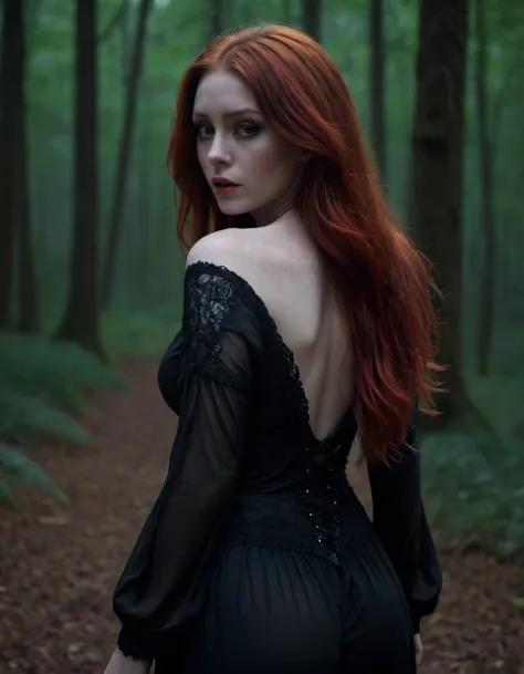 a beautiful woman, ((big breasted)), with long red hair, pale white skin, gothic shirt, dark gothic style, tim burton inspired, ...