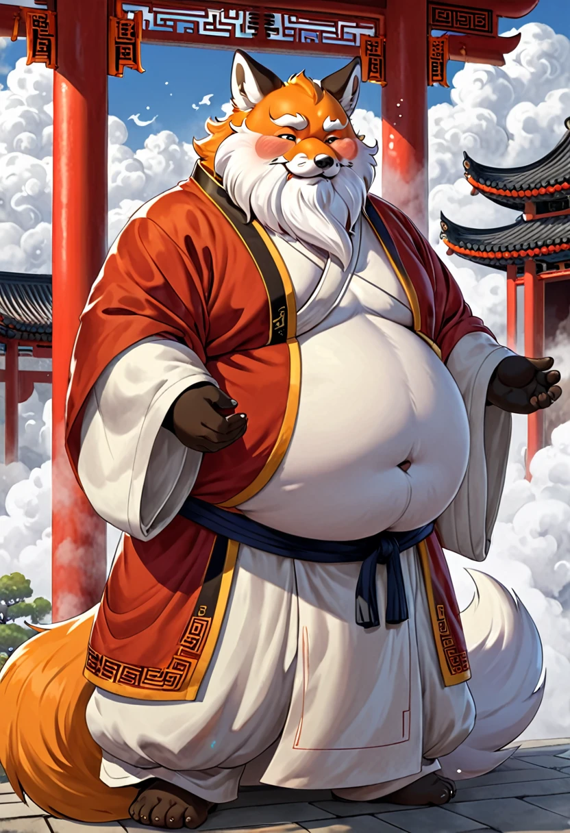 New Jersey 5 Hairy, fox，Full body portrait of an individual, middle aged male,exquisite，round face， chubby，Fat，round ears，big belly，beard，drunkard，blush，thick arms，Orange plush fur，temple，Taoist temple，Cloud，shrouded in mist，monk，Full set of Xian Xia clothing，Cultivation，Xian Xia