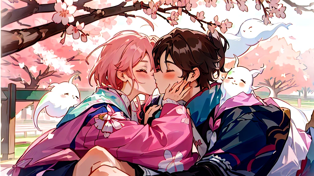 Pareja de dibujos animados con trajes tradicionales abrazándose bajo un cerezo en flor, Sasura, temporada de flor de cerezo, sakura haruno, Nixon y Sakimchan, Besar lindamente, Goto Koharu, portada de anime, Festival fantasma, Pixif, linda pareja, fanart oficial, Japón, Feliz!!!, tendencia en Pixif