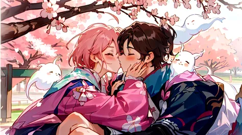 Cartoon couple in traditional costumes hugging under cherry blossom tree, Sasura, Cherry Blossom Season, Sakura Haruno, Nixon an...