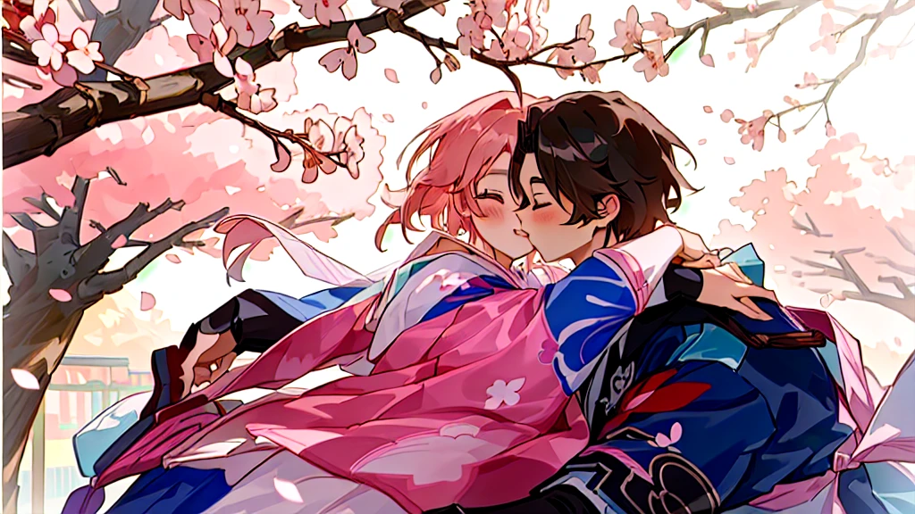 Pareja de dibujos animados con trajes tradicionales abrazándose bajo un cerezo en flor, Sasura, temporada de flor de cerezo, sakura haruno, Nixon y Sakimchan, Besar lindamente, Goto Koharu, portada de anime, Festival fantasma, Pixif, linda pareja, fanart oficial, Japón, Feliz!!!, tendencia en Pixif