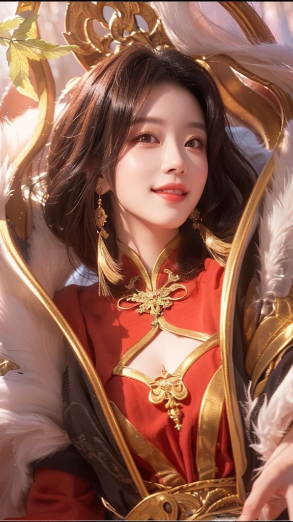 a beautiful detailed woman with striking eyes, elegant lips, smile, intricate hairstyle, standing in a mystical forest setting, highly detailed onmyoji-style portrait, ethereal lighting, warm color palette, masterpiece, 8k, photorealistic