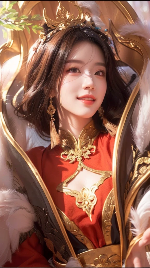 a beautiful detailed woman with striking eyes, elegant lips, smile, intricate hairstyle, standing in a mystical forest setting, highly detailed onmyoji-style portrait, ethereal lighting, warm color palette, masterpiece, 8k, photorealistic