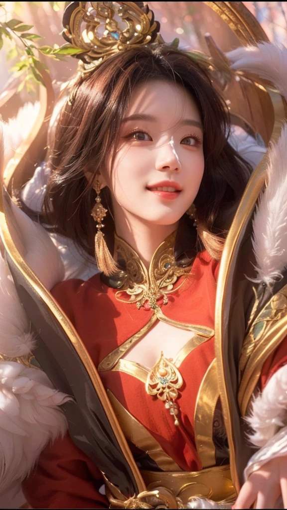 a beautiful detailed woman with striking eyes, elegant lips, smile, intricate hairstyle, standing in a mystical forest setting, highly detailed onmyoji-style portrait, ethereal lighting, warm color palette, masterpiece, 8k, photorealistic