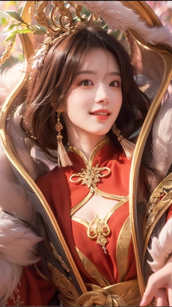 a beautiful detailed woman with striking eyes, elegant lips, smile, intricate hairstyle, standing in a mystical forest setting, highly detailed onmyoji-style portrait, ethereal lighting, warm color palette, masterpiece, 8k, photorealistic