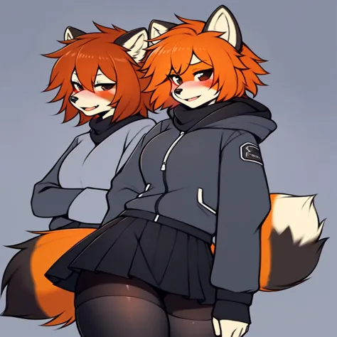 girl, red panda, furry, breasts, orange hair, disheveled, short hair, black eyes, black tights, gray winter jacket with details,...