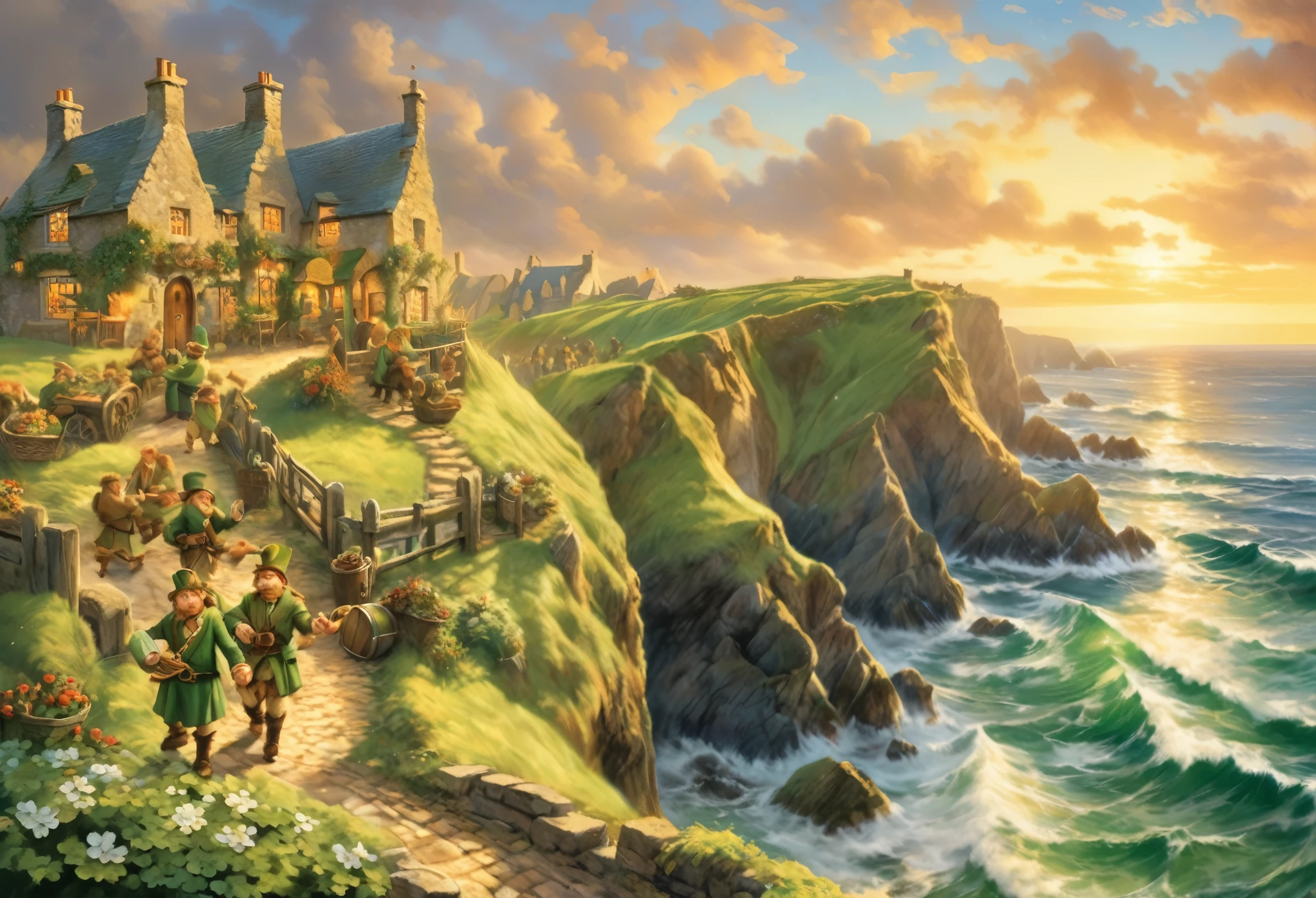 Style Légende de Zelda Alors que le soleil se couche sur la pittoresque côte irlandaise en décembre, le petit village de St. Pancrace s'anime des sons joyeux de la fête. Au cœur du village, Un pub irlandais accueillant accueille à la fois les habitants et les visiteurs pour une joyeuse Saint-Patrick. Patrick's Day se rassemble.
À l&#39;intérieur du pub, l'air est rempli de chaleur et de rires. Les Irlandais se rassemblent dans la joie, partageant des histoires et levant des pintes de Guinness dans un toast collectif. Les 'petits gens',' réputés pour leur bonheur sans limites, se mêlent à la foule, ajoutant une touche de magie aux festivités. Leur rire contagieux et leurs facéties malicieuses créent une atmosphère d'enchantement.
Le pub est orné de décorations festives, mettant en vedette des teintes de vert et d'or qui complètent l'intérieur en bois douillet. Une cheminée accueillante crépite, projetant une lueur chaleureuse à travers la pièce. L'odeur des plats traditionnels irlandais flotte dans l'air, enivrant tout le monde à se livrer aux délices culinaires du jour.
Alors que les réjouissances continuent, la toile de fond de la côte irlandaise offre une vue à couper le souffle. L'air de décembre est vif, et le paysage côtier scintille d'une touche de givre. la mer, rencontrant les falaises abruptes, peint une scène de beauté intemporelle. les vagues s&#39;écrasent contre le rivage, s'harmonisant avec les airs irlandais animés qui jouent dans le pub.
St. La journée de la Saint-Pancrace devient un mélange harmonieux de fête joyeuse, Charme irlandais, et le charme enchanteur du paysage côtier. Qu'il soit dépeint à travers des mots ou des illustrations, la scène capture la magie unique de cette délicieuse célébration, où l'esprit de la Saint. La Saint-Patrick et la joie inhérente du peuple irlandais se rejoignent dans une harmonie parfaite." . vibrant, fantaisie, détaillé, épique, Héroïque, rappelle la série The Legend of Zelda