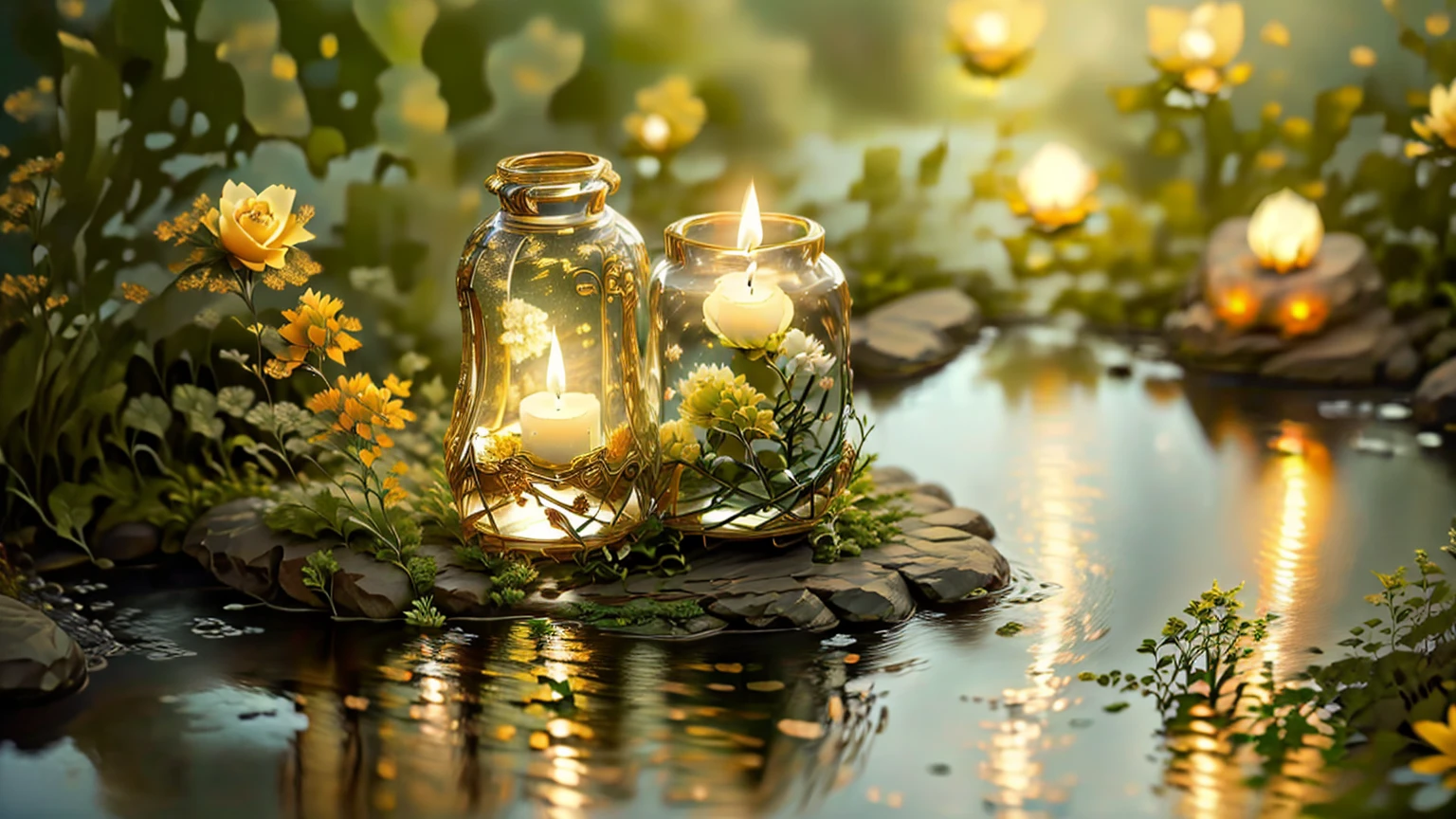 A candle and a stone are placed in a pond filled with water., Peaceful atmosphere, relax atmosphere, relax, Warm and fun atmosphere, relax environment, Beautiful atmosphere, Beautiful atmosphere, Serene landscape, very relax, Floating Candles, Peaceful environment, relax mood, Quiet environment, Shutterstock, Peaceful atmosphere, Soft glow, Magical Scene, Warm and beautiful scenery, spa, Calm evening atmosphere