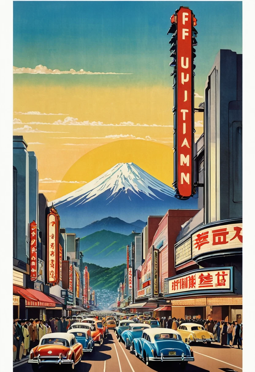 (Highest quality,4K,8K,High resolution,masterpiece:1.2),Super detailed,On the sign of a movie theater in the city, A large poster with the title of the movie "Fuji Mountain", In the background, crowds gather on city streets々Flock of, (Art Deco), 1970s,