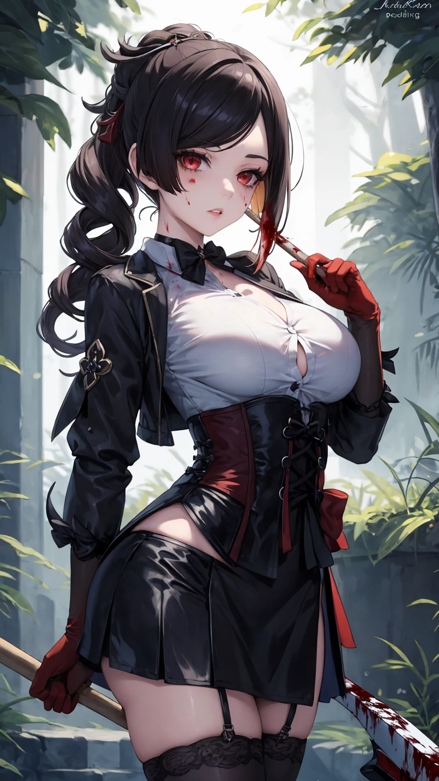 ((blood droplets)), ((blood)), ((blood splatter)), ((blood on clothes)), ((blood stain)), Masterpiece, Beautiful art, professional artist, 8k, Very detailed face, Detailed clothing, detailed fabric, 1 girl, Chiori \(genshin impact\), front view, standing, perfectly drawn body, big breasts, shy expression, pale skin, beautiful face, long black hair, 4k eyes, very detailed eyes, pink cheeks, choker:1.6, (white collar button down long sleeve shirt), black gloves, gloves that cover hands, (holds an ax with his right hand), (black leather corset), (shiny black tight mini skirt), Sensual Lips , evening de invierno, show details in the eyes, looking at the viewer, Dark road, dark forest, evening, Atmosphere, fog