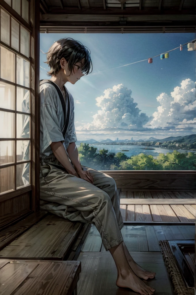 Anime illustration of a scene from summer vacation. There is a veranda in a Japanese-style room in a house in the countryside, and they are sitting there eating watermelon and laughing. There is a wind chime in the Japanese room, a cool breeze blows in, sunlight sways, daytime, digital art, octane tempo style, pastel with a blue atmosphere, overall particle light, cowboy shot, dynamic angle, baggy wearing a large white T-shirt