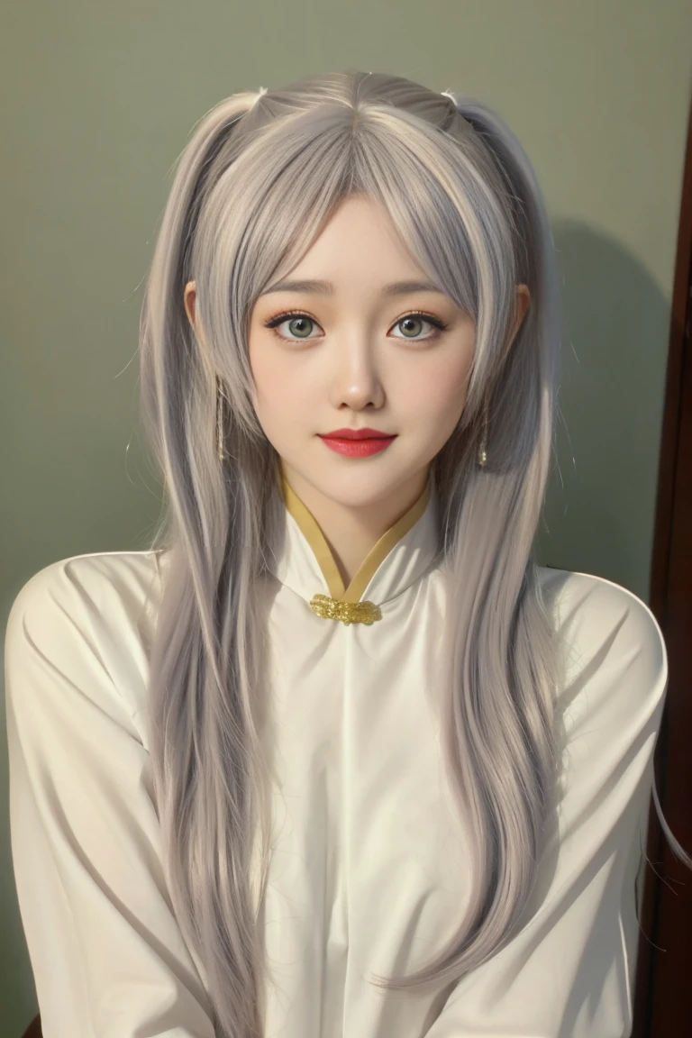 best quality, tmasterpiece,Ultra-high resolution,Clear face,（Reality：1.4），ferpect lighting，(full body photo), (photorealistic:1.50), anime wallpaper, Guviz style artwork, cover-up fantasy up to magic , by Yang J, Guviz, beautiful artwork illustration, beautiful digital artwork, beautiful digital illustration, Li Song, beautiful anime portrait, art style in Beauvot, 1girl, 独奏, green eyes, Double eyelids, Blush, Cheeks flushed, 24yo chinese female, 
jewelry, earrings, hair ornament, 
long hair, (twintails), white hair, hair ribbon, pointed ears, Ears are very pointed,
looking at viewer, light smile, full body, photo background, outdoors, white dress, standing,
 