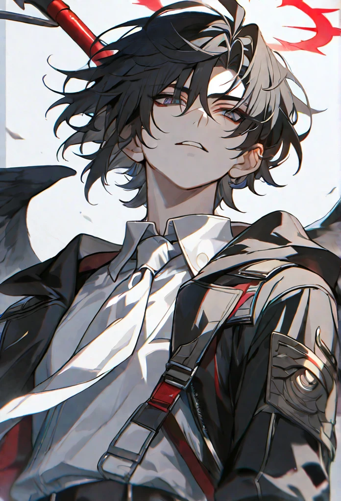 solo, handsome, 1 male, short hair, black hair and white color hair, pale eyes, white shirt, white tie, black hood, black wings, red halo, red scythe