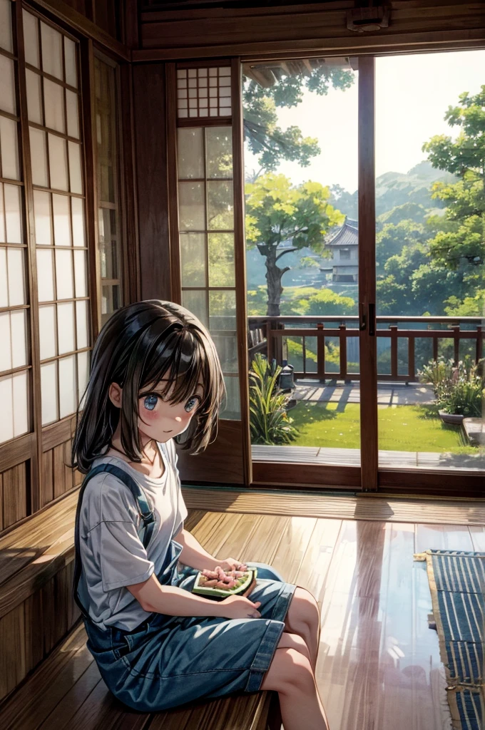 Anime illustration of a scene from summer vacation. There is a veranda in a Japanese-style room in a house in the countryside, and they are sitting there eating watermelon and laughing. There is a wind chime in the Japanese room, a cool breeze blows in, sunlight sways, daytime, digital art, octane tempo style, pastel with a blue atmosphere, overall particle light, cowboy shot, dynamic angle, baggy wearing a large white T-shirt